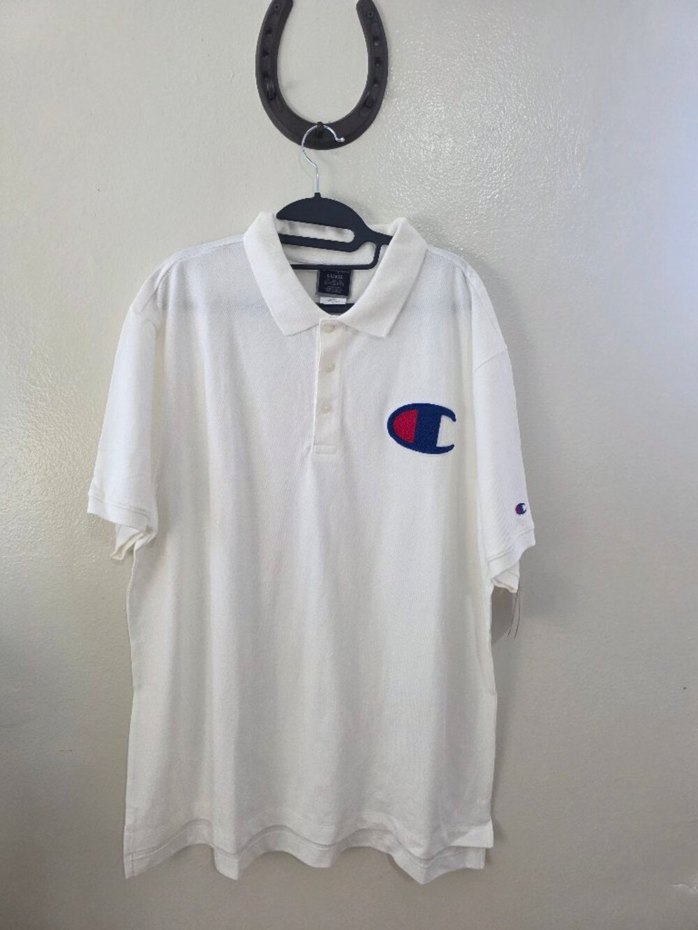 NWT Champion Big C Logo White Polo Shirt Vertical Back Script Script Men's